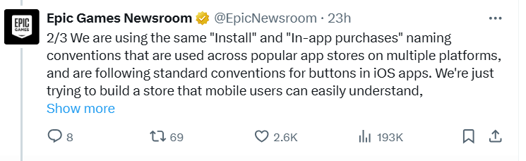 Epic Games twitter account apple statement 2