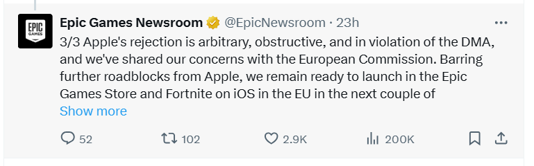 Epic Games twitter account apple statement 3