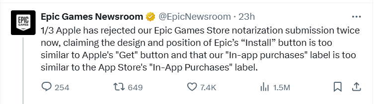 Epic Games twitter account apple statement 1